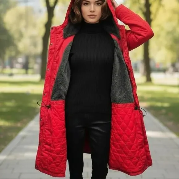 L.L. Bean Winter Warmer Insulated Hooded Coat XL Reg. Red Zip & Snap Closure - Picture 2 of 12